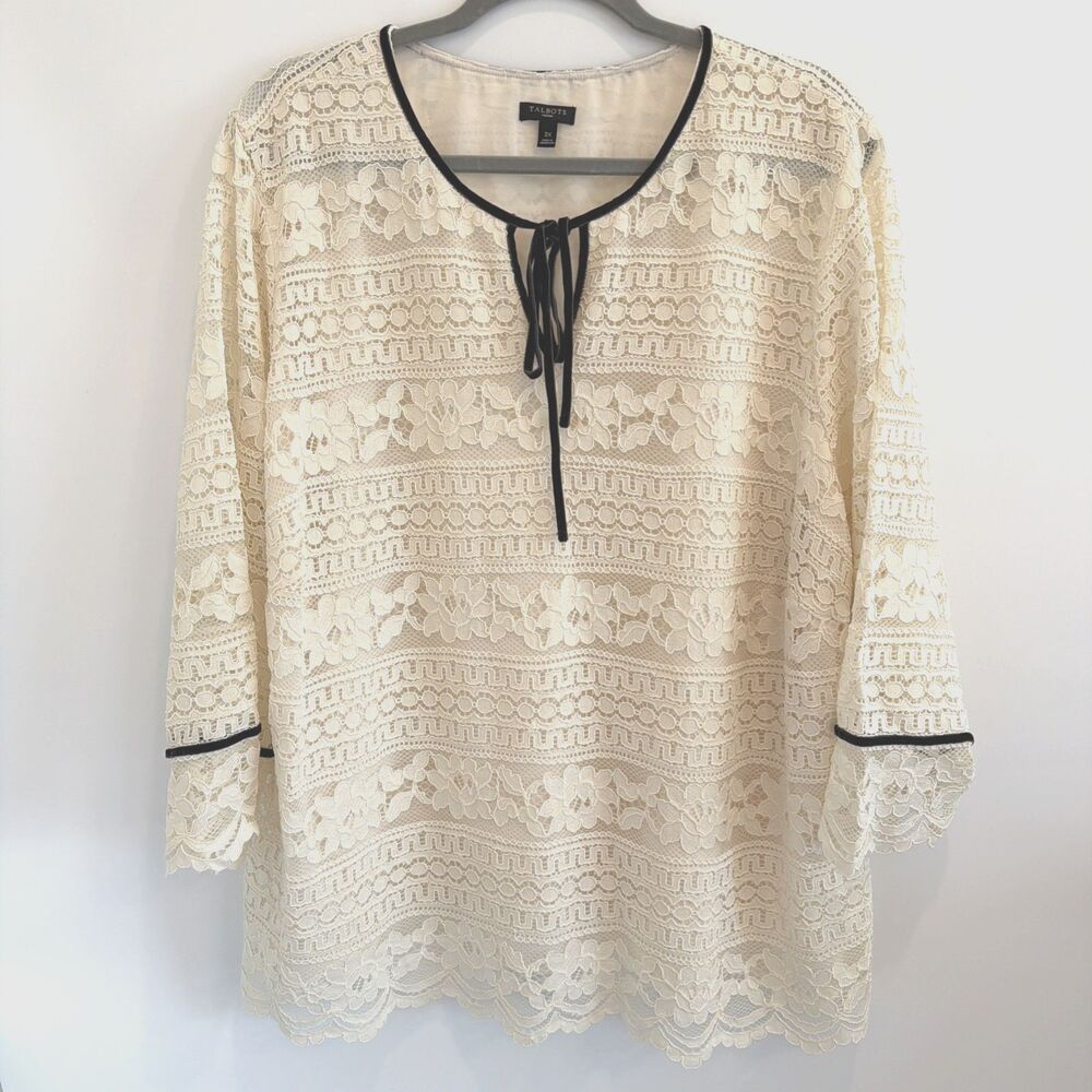 Talbots Blouse Women's 3X Cream Lace Lined Shirt Black Velvet Business Romantic